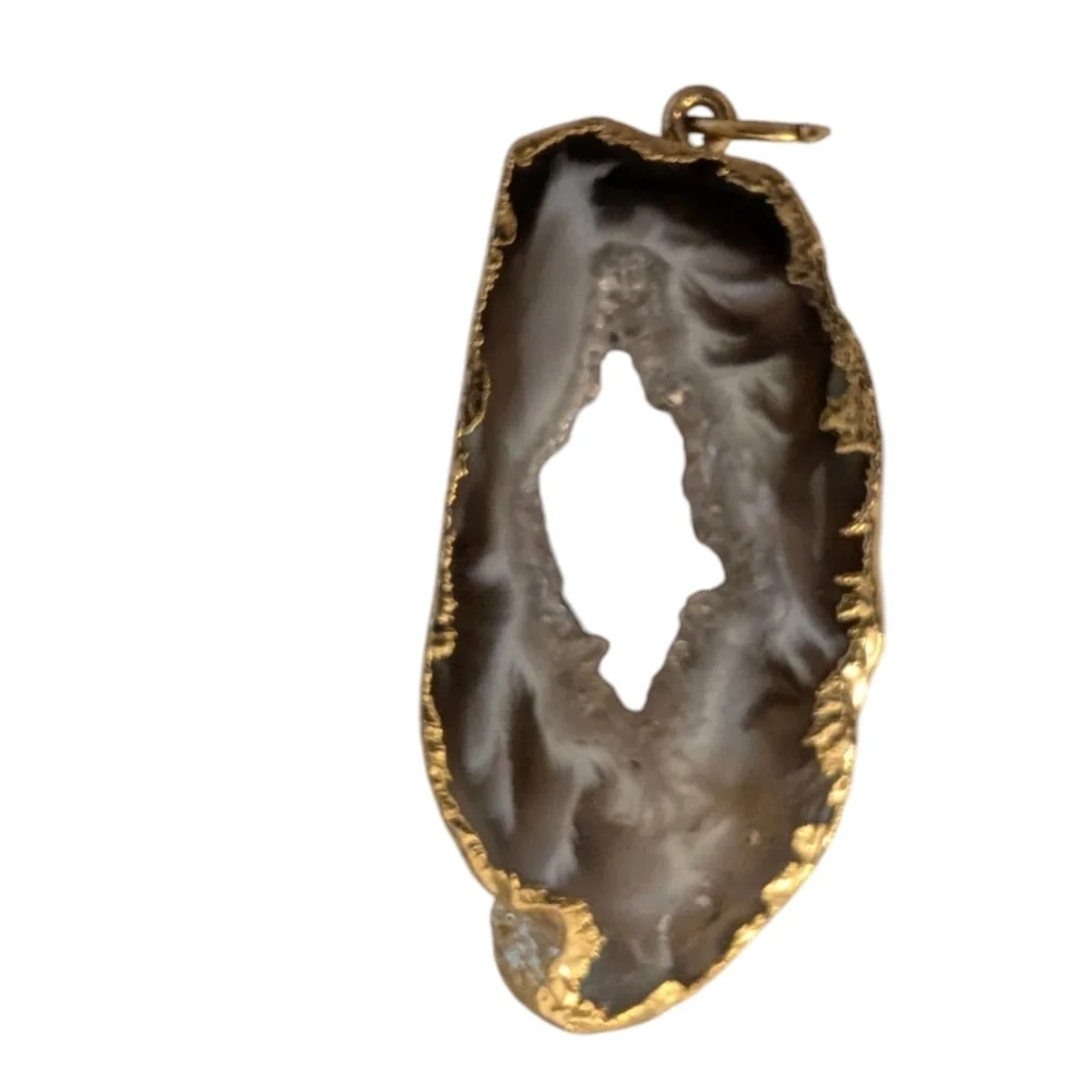 VINTAGE Druzy Agate Natural Quartz Gold Dipped Necklace Pendent
